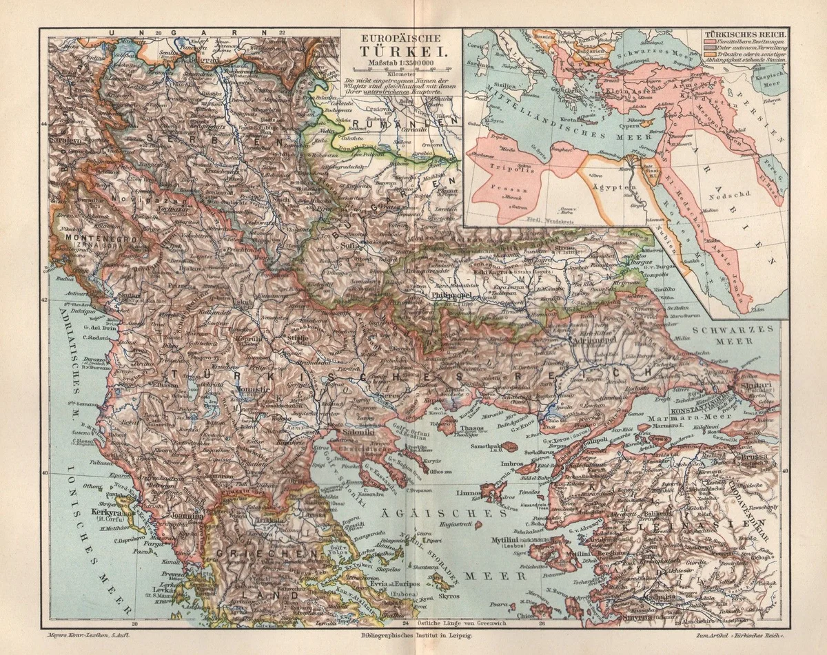 Europäische Türkei Konstantinopel Adrianopel historische Landkarte 1897