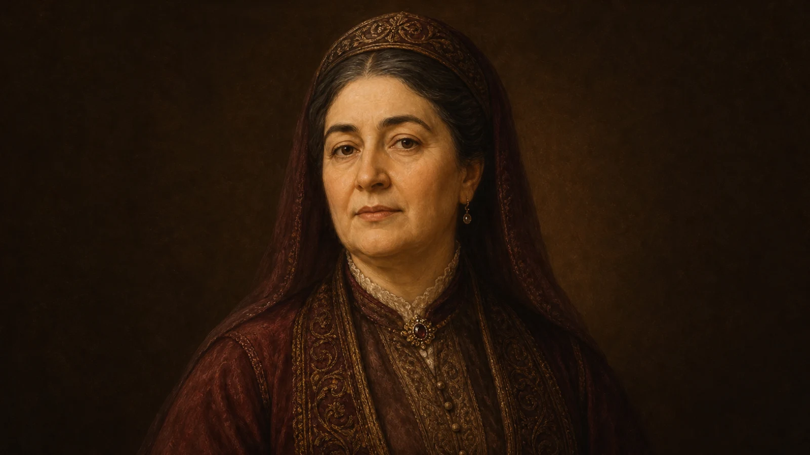 Koyu kahverengi zemin önünde 19. yüzyıl Osmanlı elitine uygun kıyafetle Adile Sultan'ı canlandıran temsilî tek figür portre.