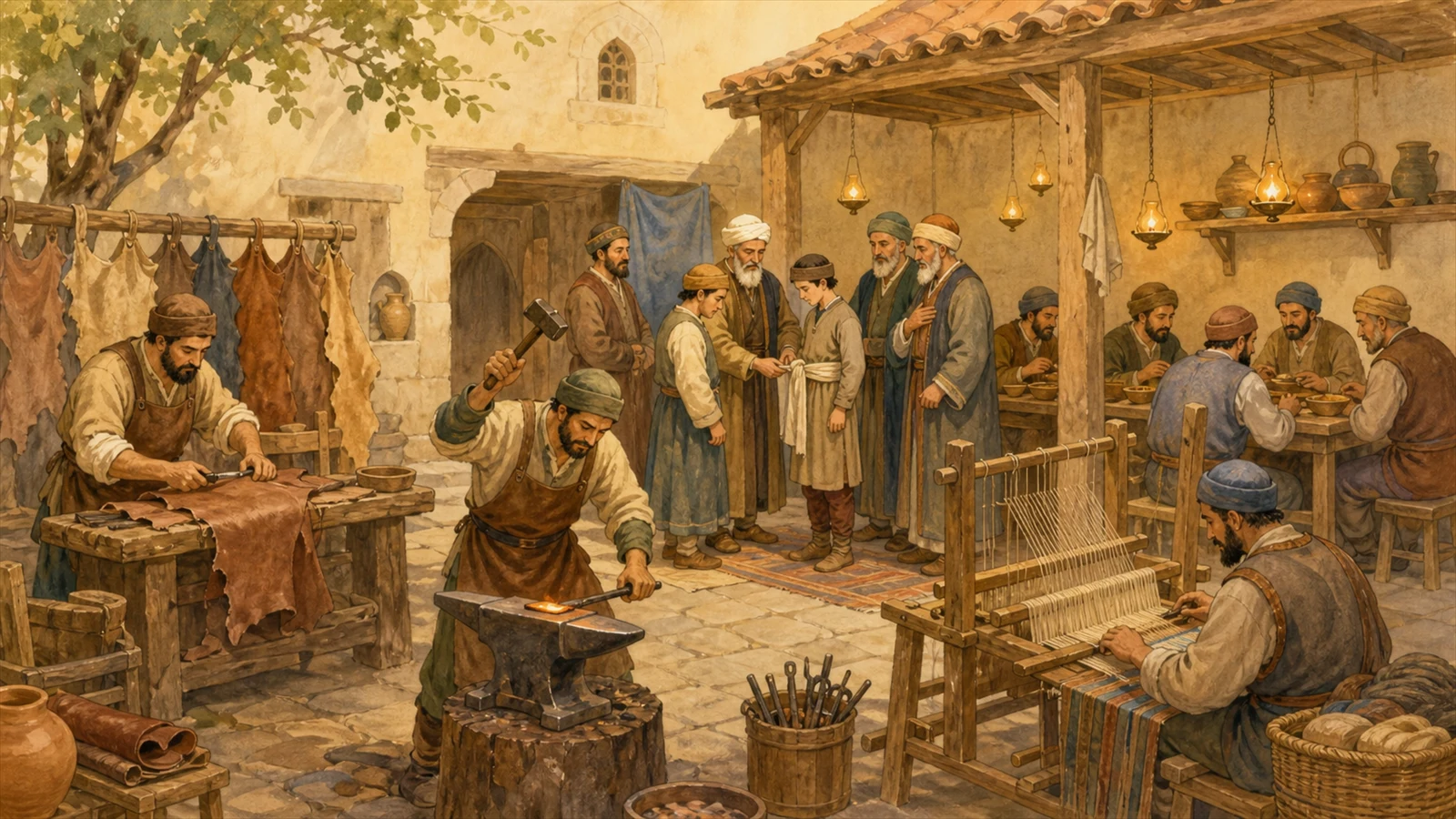Bir Ahi zâviyesinde zanaatkârların çalıştığı, ortak sofranın kurulduğu ve bir çırağa şed kuşatıldığı sahne için tarih kitabı çizimi üslubunda temsilî canlandırma