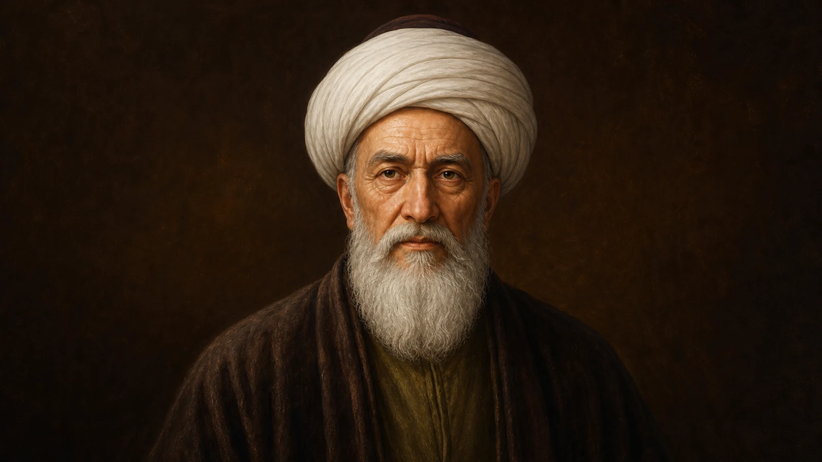 Koyu kahverengi zemin önünde âlim kıyafetiyle, Fatih Sultan Mehmed'in manevî hocası Akşemseddin'i canlandıran temsilî tek figür portre.