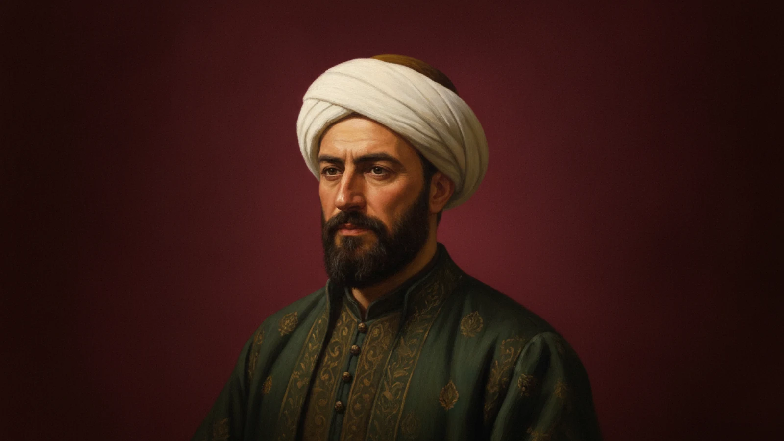 Koyu bordo zemin önünde, sade kaftan ve mütevazı sarıkla düşünceli, ilim-idare havasındaki bir erken dönem Osmanlı şehzadesini canlandıran temsilî tek figür yağlıboya portre
