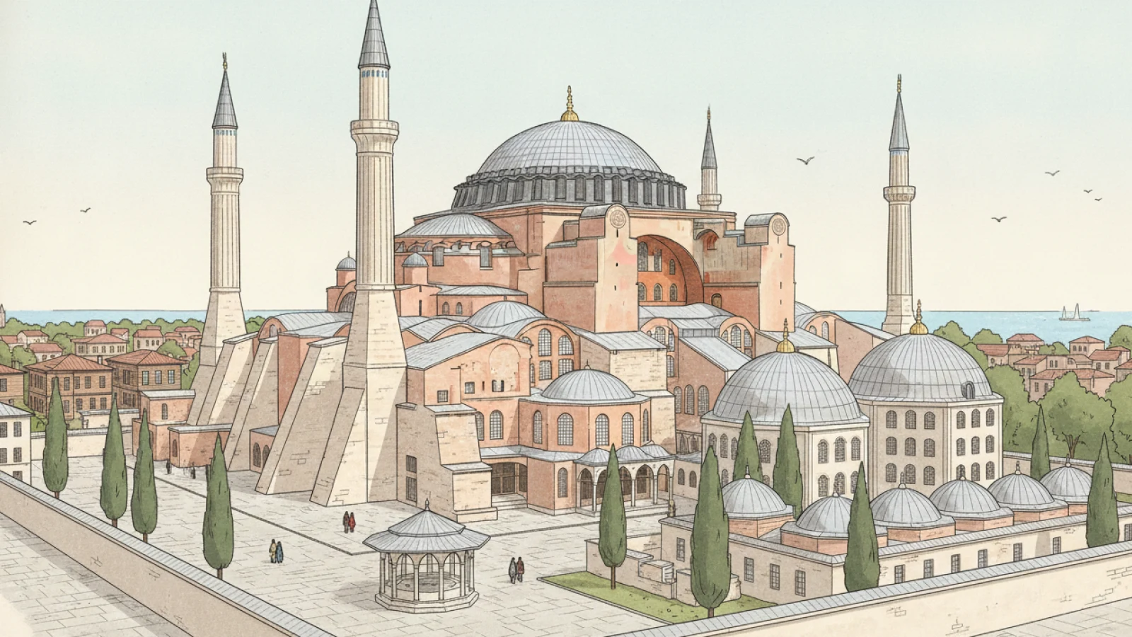 Osmanlı devrindeki Ayasofya’yı dört minaresi, dev destek payandaları, avlusundaki şadırvanı ve kubbeli türbeleriyle gösteren temsilî mimari canlandırma.