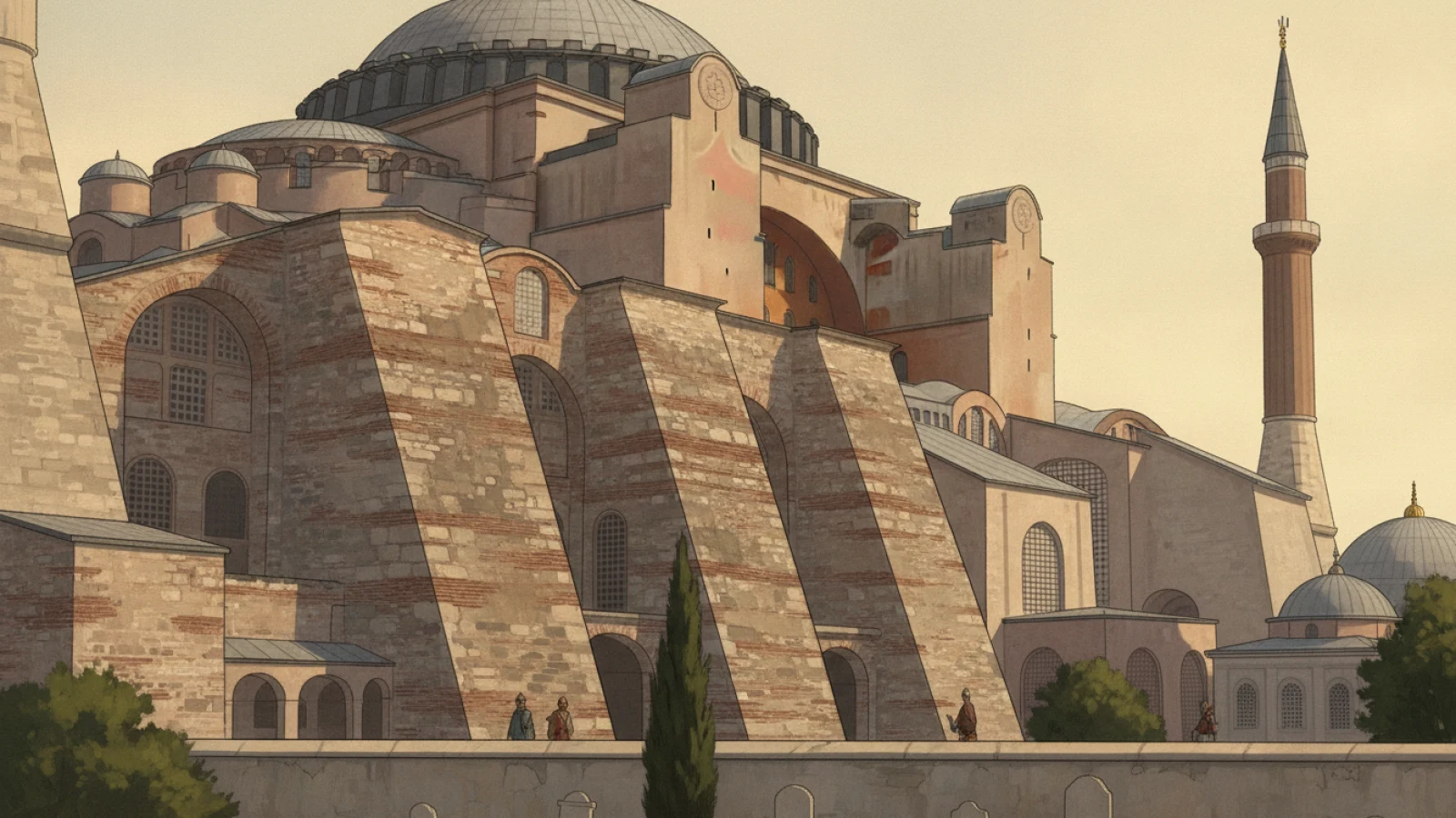 Ayasofya’nın dış duvarına yaslanan ağır taş destek payandalarını ve köşedeki tek şerefeli minareyi gösteren temsilî mimari canlandırma