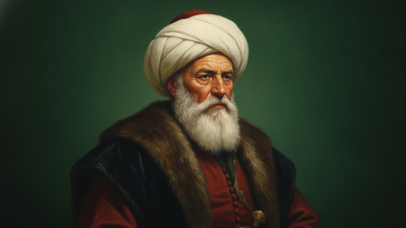 Koyu yeşil zemin önünde, büyük beyaz sarık ve kürk yakalı kaftanla, uzun beyaz sakallı ve yaşlı bir Osmanlı kaptan-ı deryasını canlandıran temsilî portre.
