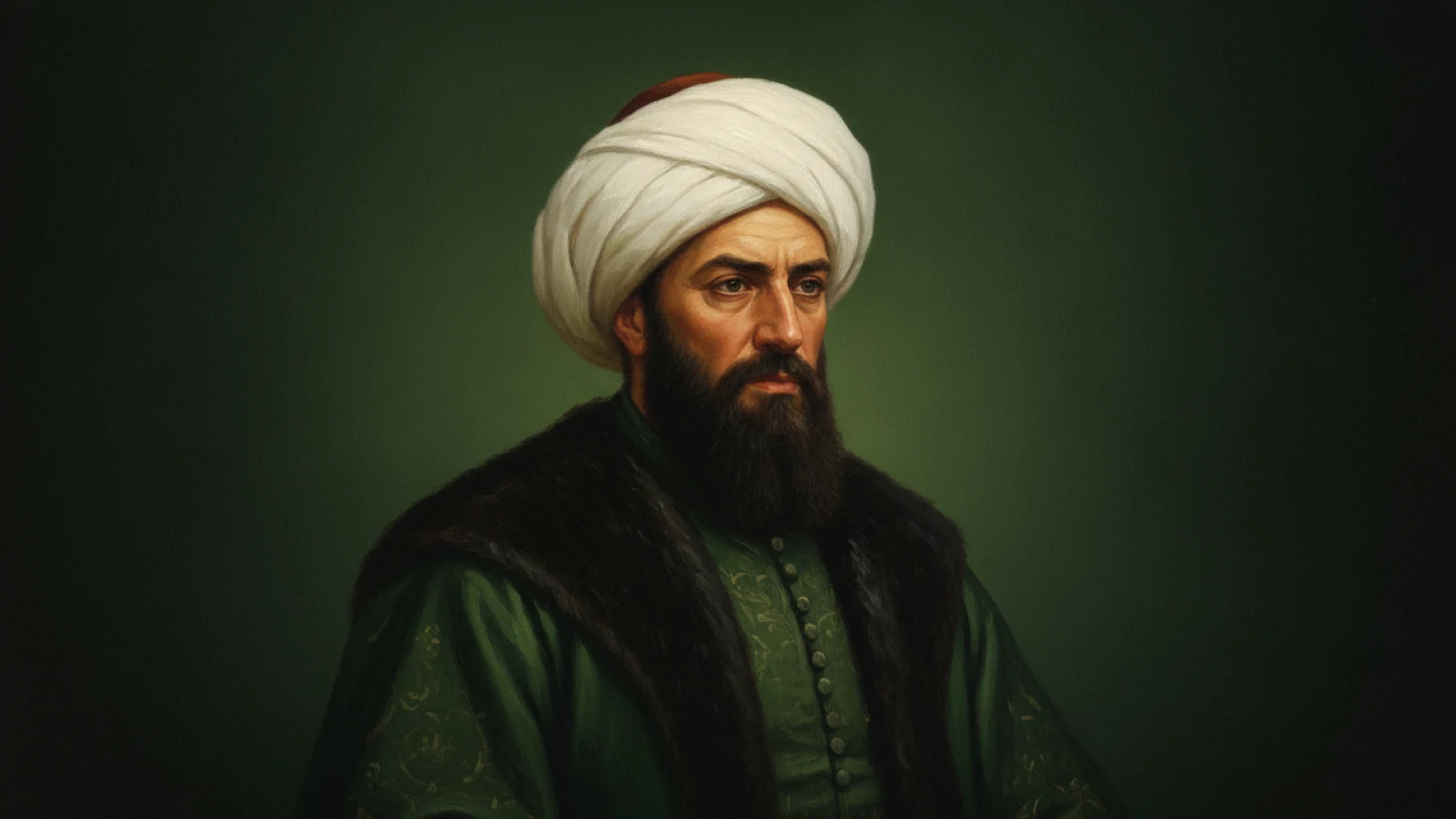 Koyu yeşil zemin önünde beyaz sarık ve kürk yakalı kaftanla, ilmiye kökenli ağırbaşlı bir 15. yüzyıl sadrazamını canlandıran temsilî portre.