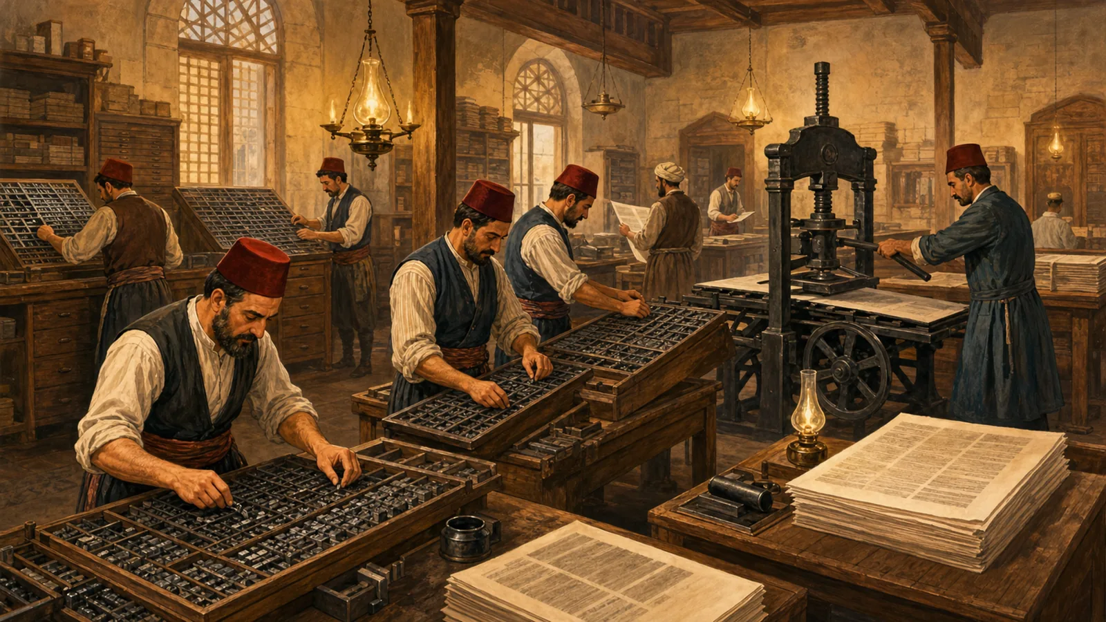 19. yüzyıl İstanbul’unda bir Osmanlı matbaası: fesli mürettipler hurufat diziyor, baskı presi çalışıyor ve taze basılmış gazete sayfaları kuruyor (temsilî illüstrasyon).