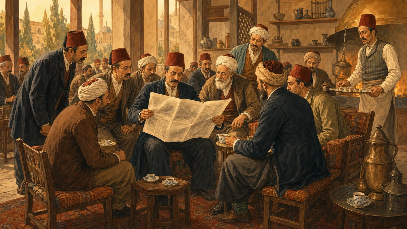 Tanzimat dönemi İstanbul’unda bir kıraathanede toplanıp gazete okuyan halkı canlandıran temsilî illüstrasyon
