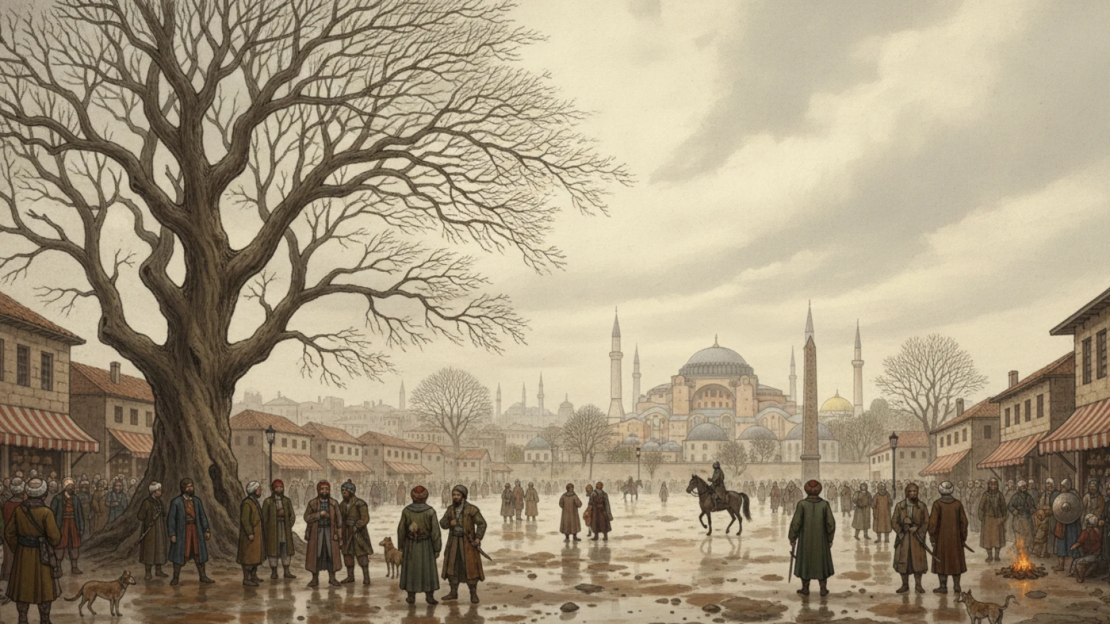 At Meydanı çevresinde toplanmış on yedinci yüzyıl İstanbul kalabalığını, meydanın kenarındaki büyük çınarı ve arkadaki Sultanahmet Camii siluetini gösteren temsili tarih kitabı çizimi