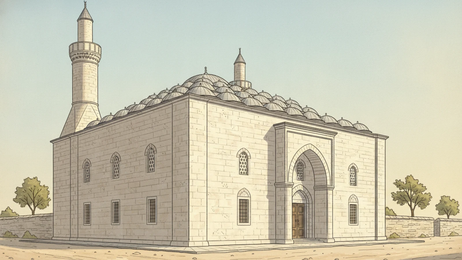 Aydınlık tarih kitabı çizimi üslubunda, kare kütlesi üzerinde eşit sıralı çok kubbesi ve iki minaresiyle Edirne Eski Cami için temsilî mimari canlandırma