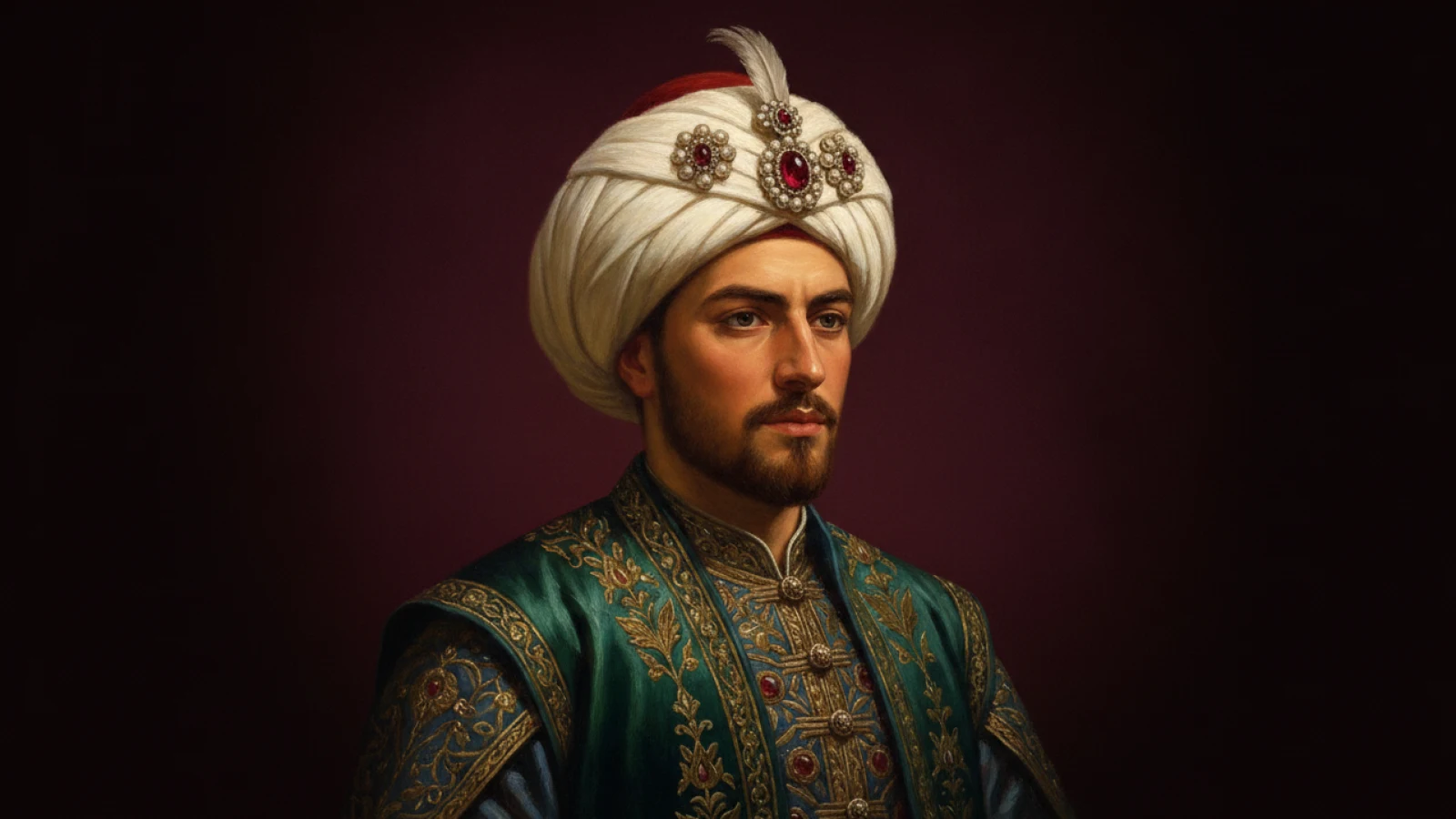 Koyu bordo zemin önünde sorguçlu sarık ve zengin kaftanla zarif, gösterişli bir şehzadeyi canlandıran temsilî portre