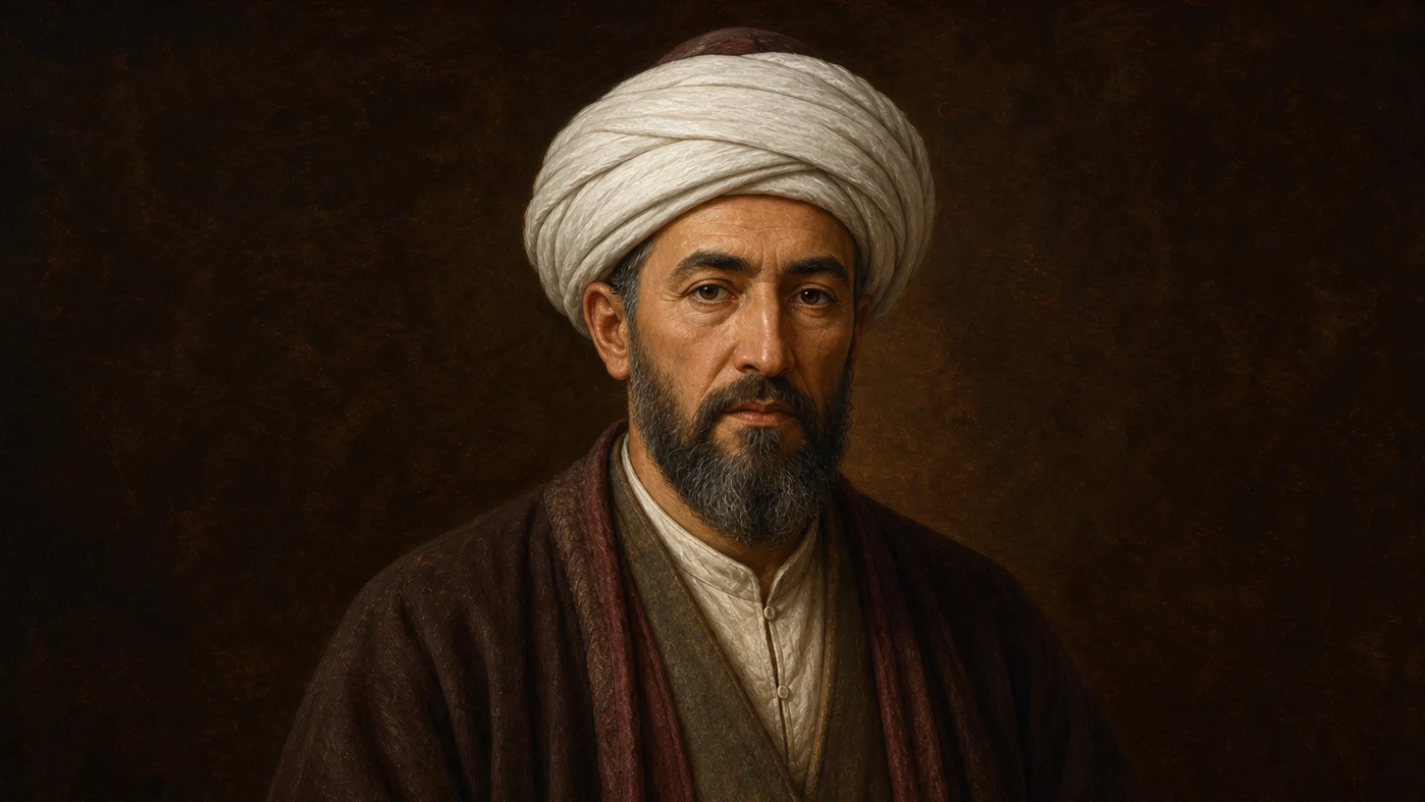 Koyu kahverengi zemin önünde sufi kıyafetiyle, Osmanlı kuruluş döneminin büyük sufisi Emir Sultan'ı canlandıran temsilî tek figür portre.