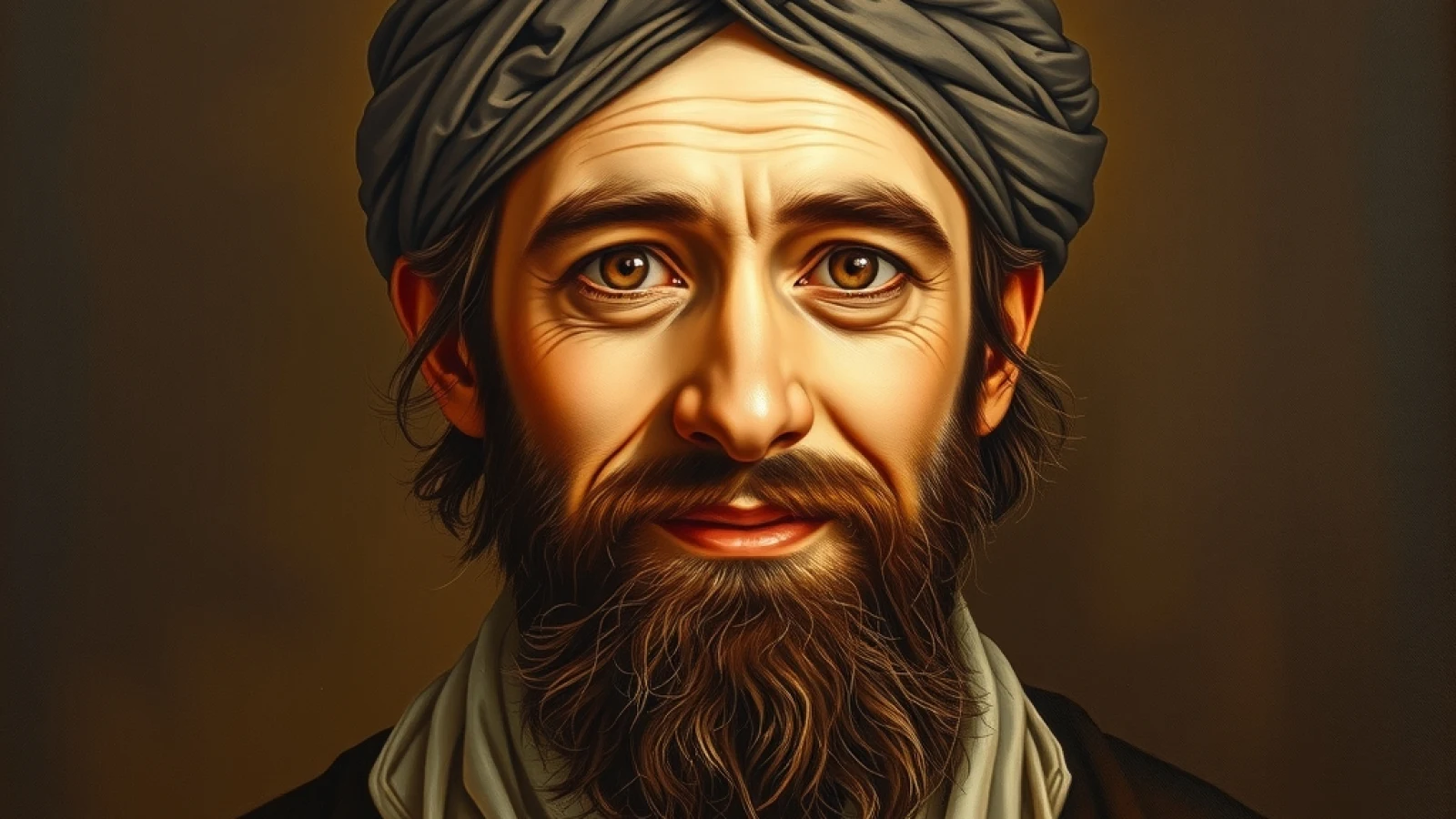Koyu kahve zemin önünde, sade sarık ve yolculuğa uygun kaftanla, kestane sakallı meraklı bakışlı bir Osmanlı seyyahını canlandıran temsilî portre.