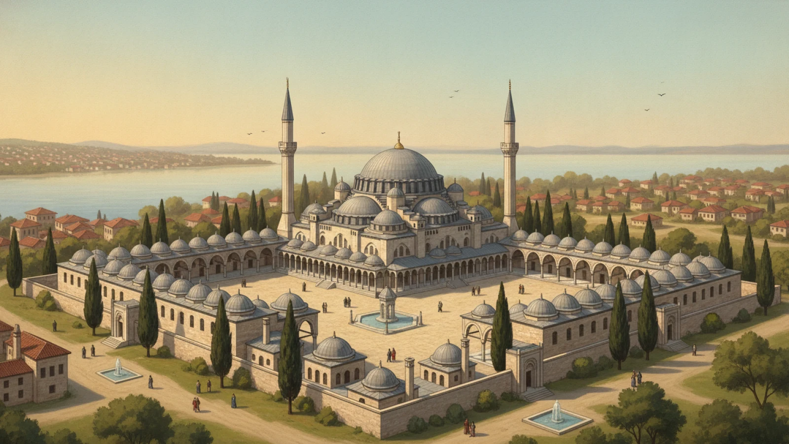 İki minareli kubbeli camiyi, iki yanındaki simetrik kubbeli medrese sıralarını ve avlusunu gösteren, tarih kitabı çizimi üslubunda temsilî külliye canlandırması