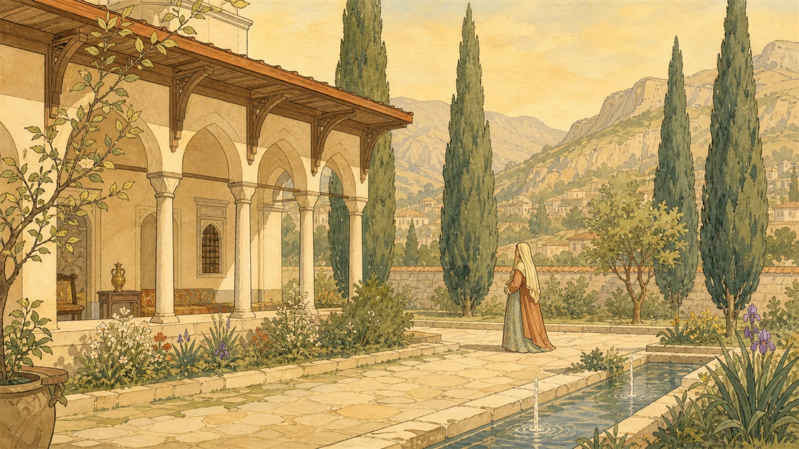 Aydınlık tarih kitabı çizimi üslubunda 15. yüzyıl Amasya saray çevresinde bir hanedan hanımı için temsili canlandırma
