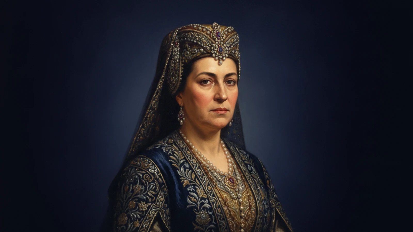 Koyu lacivert zemin önünde, murassa başlık ve tülle temkinli bir valide sultanı canlandıran temsilî portre