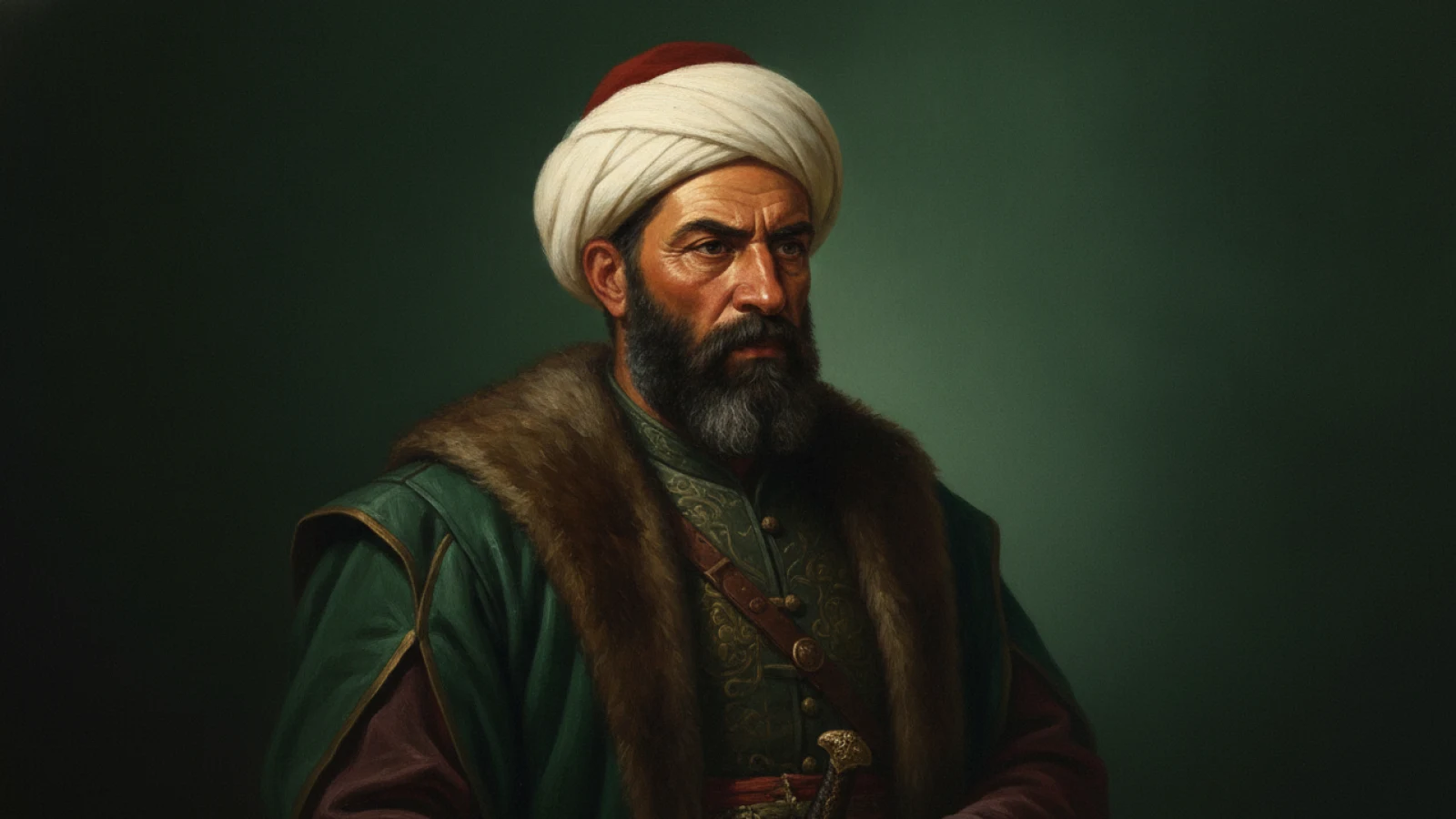 Koyu yeşil zemin önünde, beyaz sarık ve kürk yakalı kaftanla, koyu kırçıl sakallı orta yaşlı bir 16. yüzyıl Cezayir beylerbeyini canlandıran temsilî portre.
