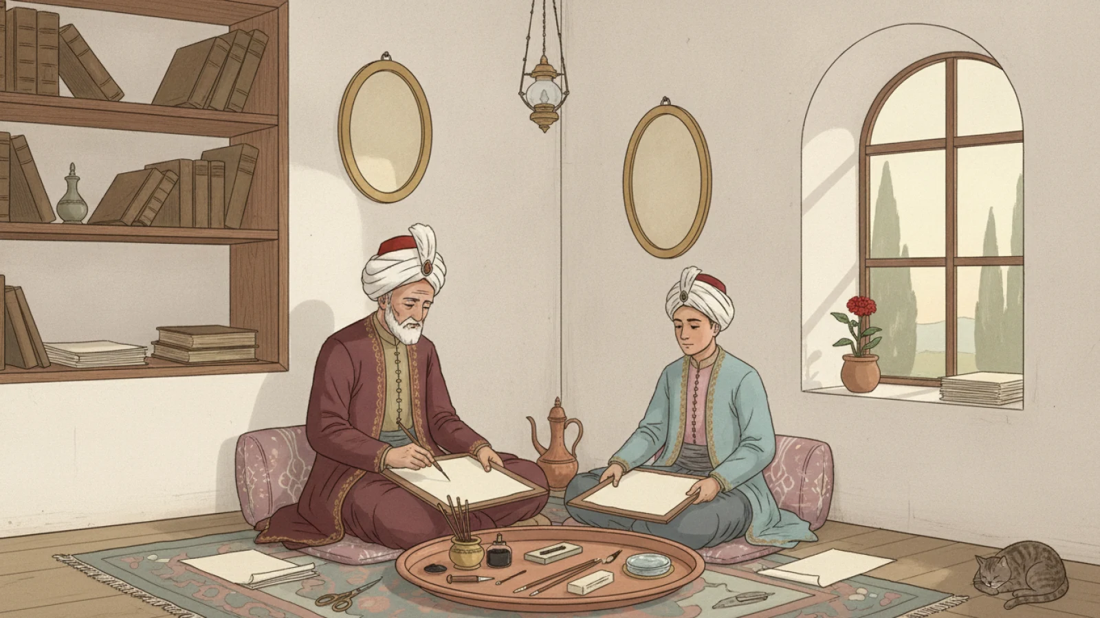 Bir hattatın odasında yer düzeyinde meşk dersi: altlıkta boş kâğıt, kamış kalem, pirinç hokka ve makta gösteren temsilî tarih çizimi