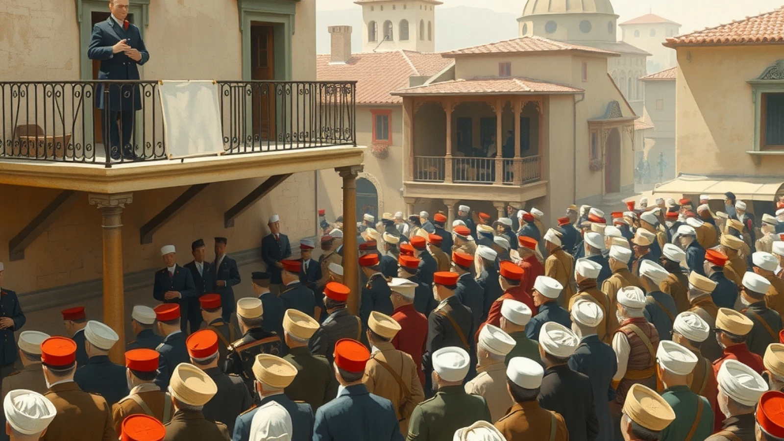 Bir Rumeli kasabasının meydanında hükümet konağı balkonundan yapılan duyuruyu dinleyen fesli halk, subay ve gönüllüleri gösteren temsilî tarih kitabı çizimi.
