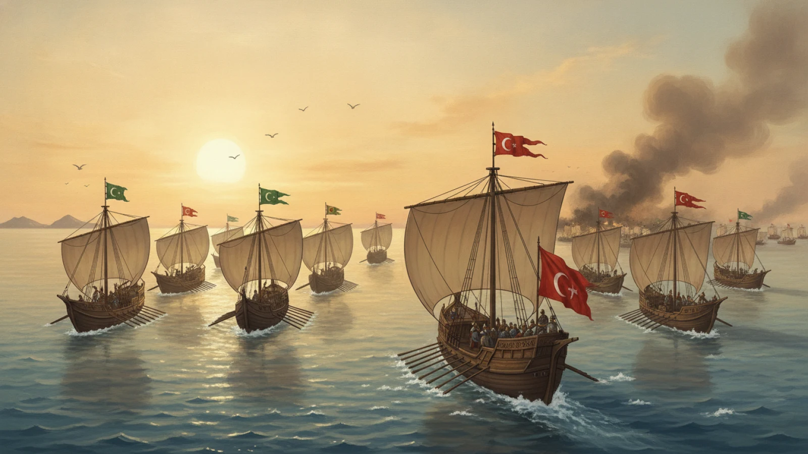 İkindi ışığında muharebe alanından düzenli biçimde açık denize çekilen bir kadırga filosunu ve arkadaki duman bulutlarını gösteren temsili çizim