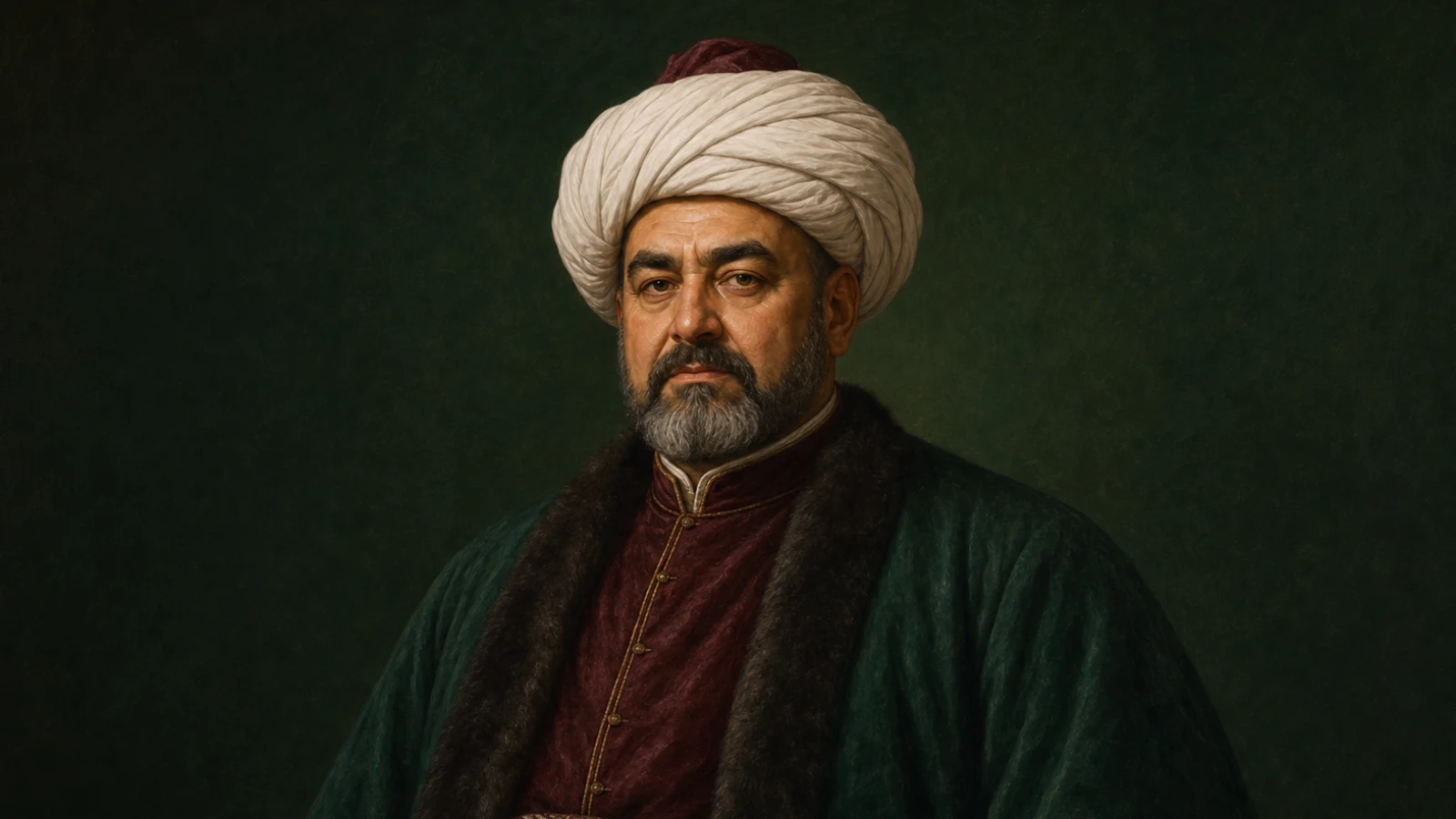 Koyu yeşil zemin önünde beyaz sarık ve vezir kaftanıyla İshak Paşa'yı canlandıran temsilî tek figür portre.