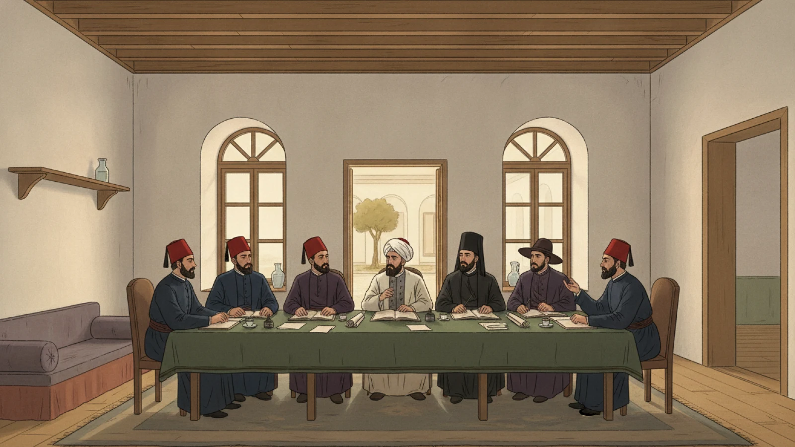 1860’larda bir Osmanlı vilâyet konağında toplanan idare meclisini, fesli Müslüman memurlarla siyah ve mor cüppeli gayrimüslim cemaat temsilcilerini aynı masada gösteren temsilî çizim