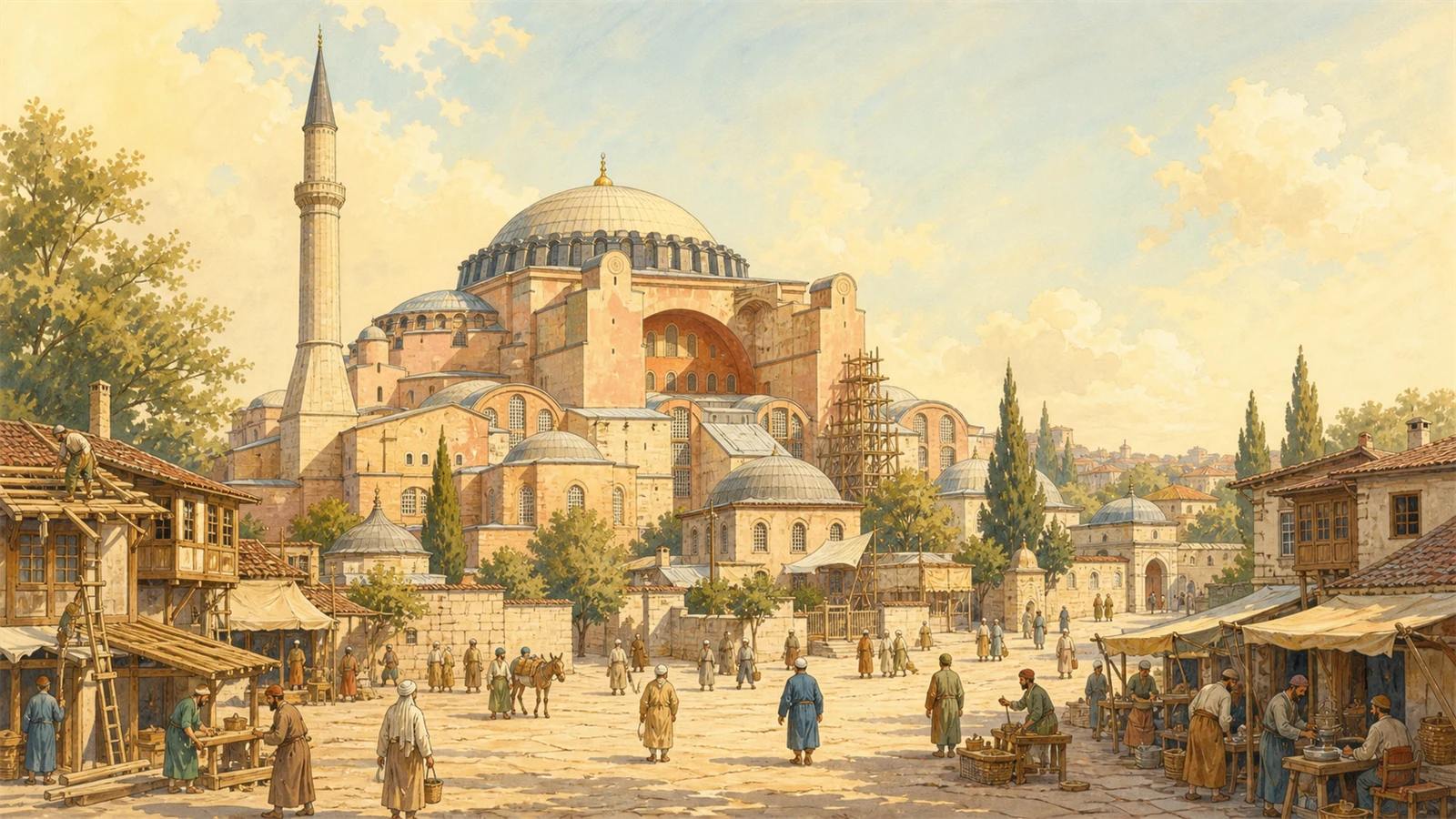 Aydınlık tarih kitabı çizimi üslubunda, fetihten sonraki ilk dönemde Ayasofya ve çevresindeki gündelik hayat için temsili canlandırma
