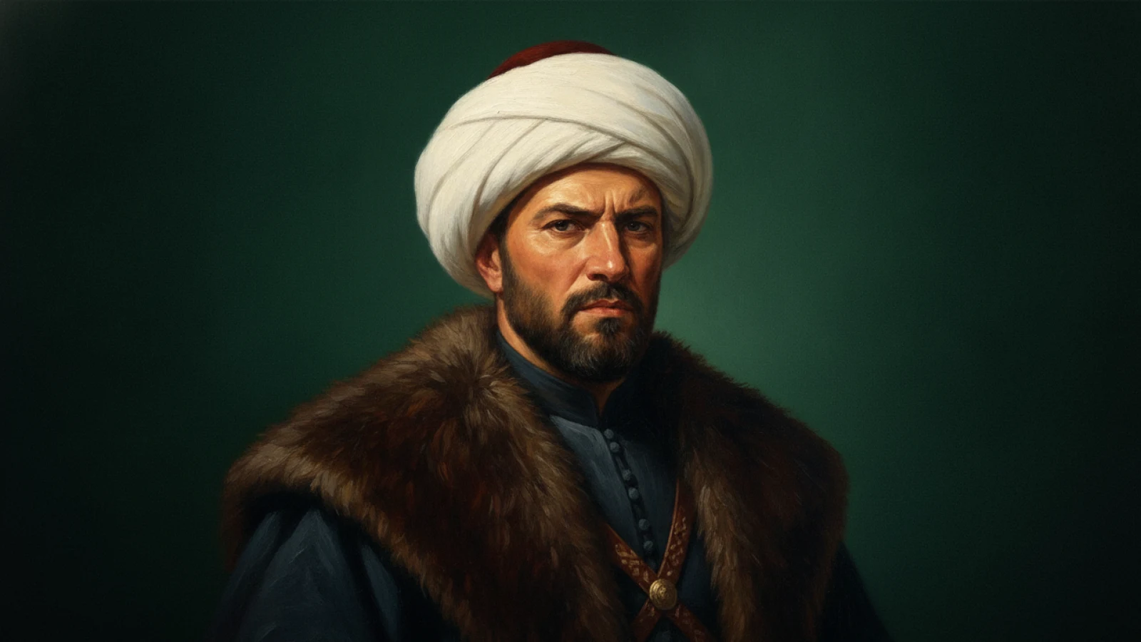 Koyu yeşil zemin önünde beyaz sarık ve kürk yakalı kaftanla, sağlam duruşlu, yapıcı-idareci bir erken 15. yüzyıl Osmanlı veziriyi canlandıran temsilî portre.