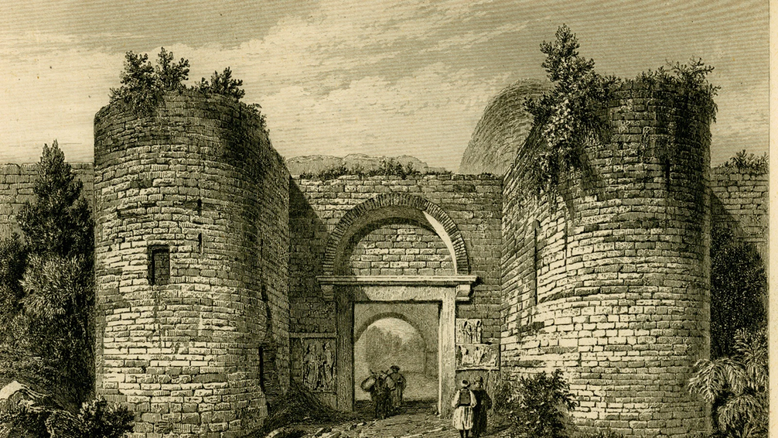 İznik’in kuzeydeki İstanbul Kapısı ve kuleli çift sıra surları; Charles Texier’in Asie Mineure adlı eserinden 19. yüzyıl gravürü