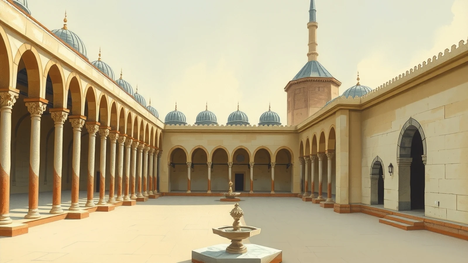 Tarih kitabı çizimi üslubunda, revaklı avlu, sıra kubbeli medrese hücreleri, şadırvan ve tek şerefeli minaresiyle temsilî külliye canlandırması.