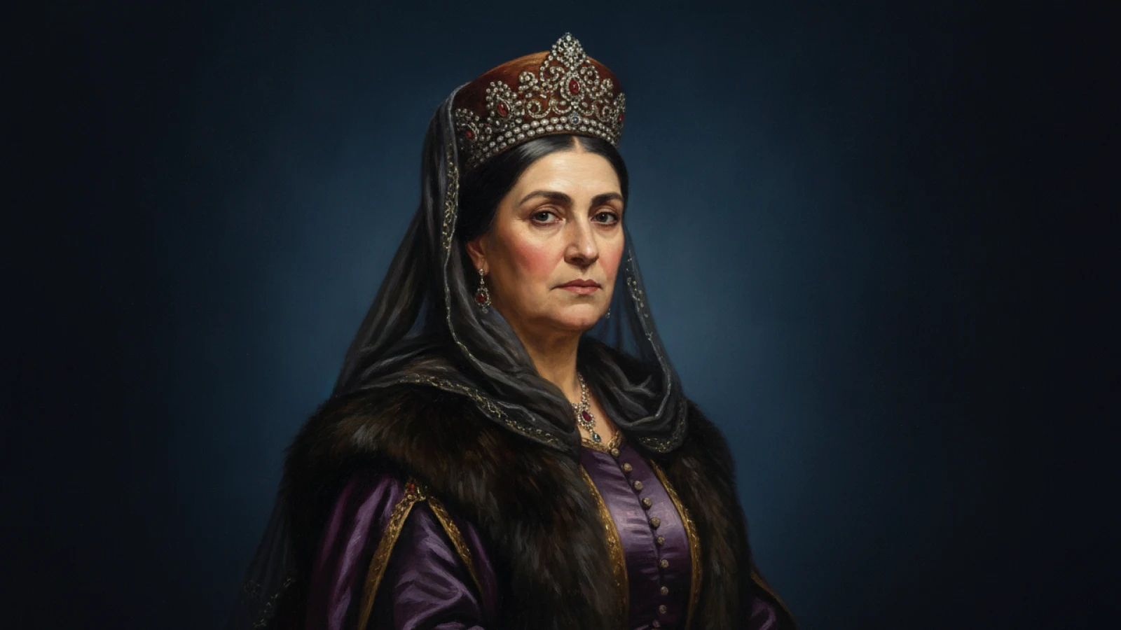 Koyu lacivert zemin önünde, görkemli mücevherli taç-başlık ve kürk kenarlı koyu kaftanla otoriter, yaşlı-bilge bir valide sultanı canlandıran temsilî tek figür yağlıboya portre