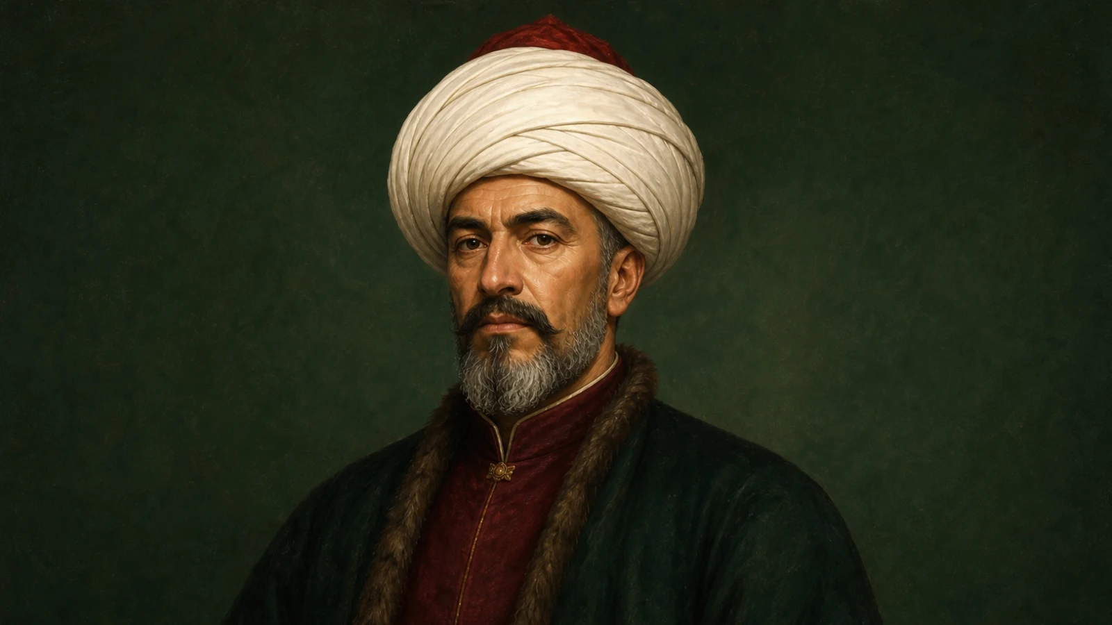 Koyu yeşil zemin önünde Osmanlı devlet adamı kıyafetiyle, Kıbrıs fatihi ve Kafkasya seraskeri Lala Mustafa Paşa'yı canlandıran temsilî tek figür portre.