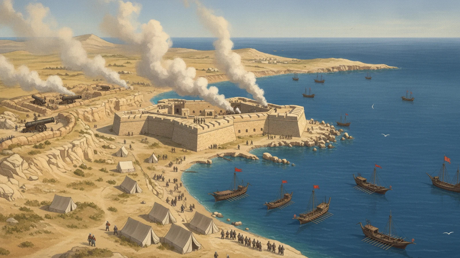 Malta kıyısında kayalık bir burun üzerindeki alçak taş kaleyi, karşı yamaçtaki kuşatma bataryalarını ve koydaki kürekli kadırgaları gösteren temsili tarih kitabı çizimi