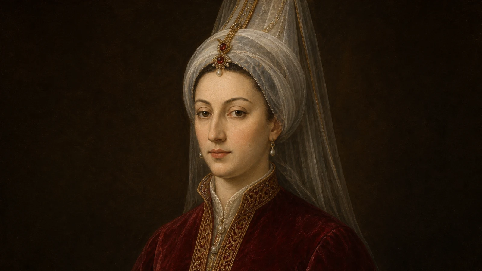 Koyu kahverengi zemin önünde 16. yüzyıl hanedan kıyafetiyle Mihrimah Sultan'ı canlandıran kaynak referanslı temsilî portre.