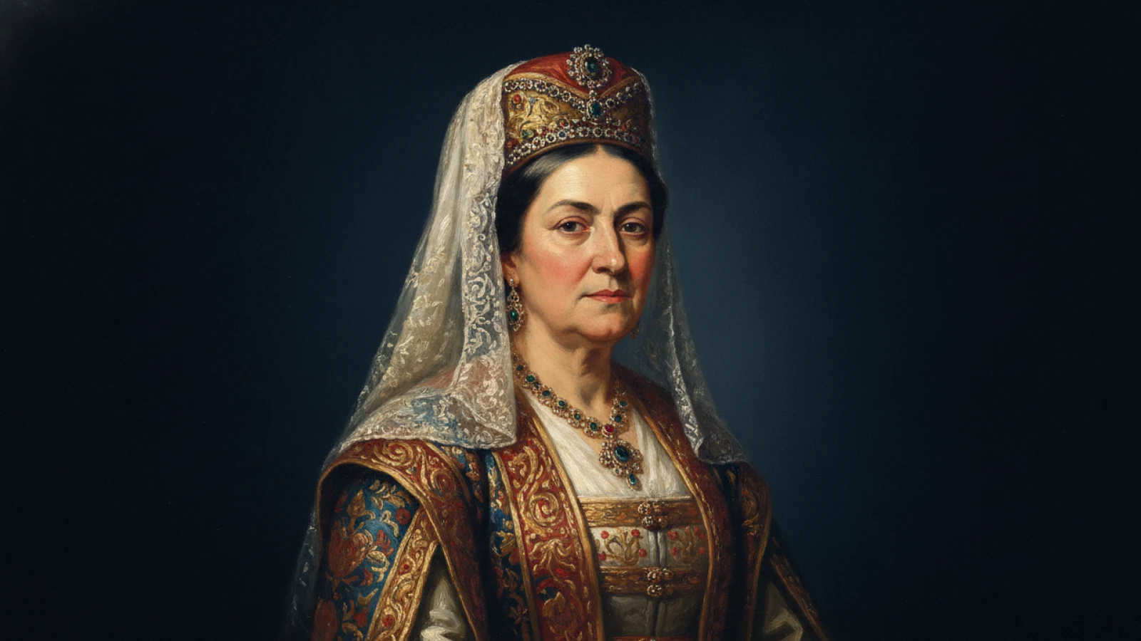 Koyu lacivert zemin önünde, murassa hotoz ve tülle vakur bir hanım sultanı canlandıran temsilî portre