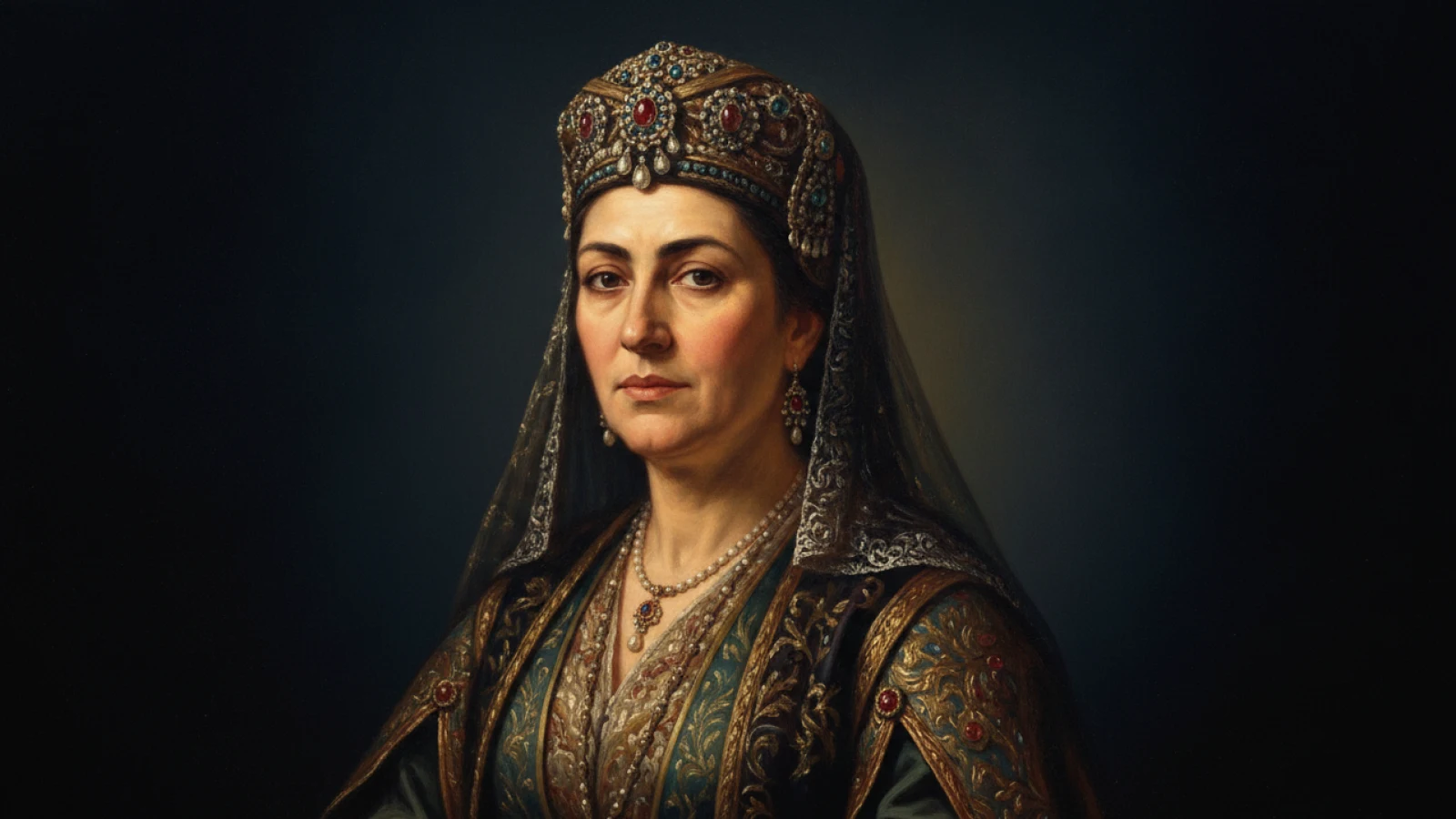 Koyu lacivert zemin önünde, murassa başlık ve tülle vakur bir valide sultanı canlandıran temsilî portre
