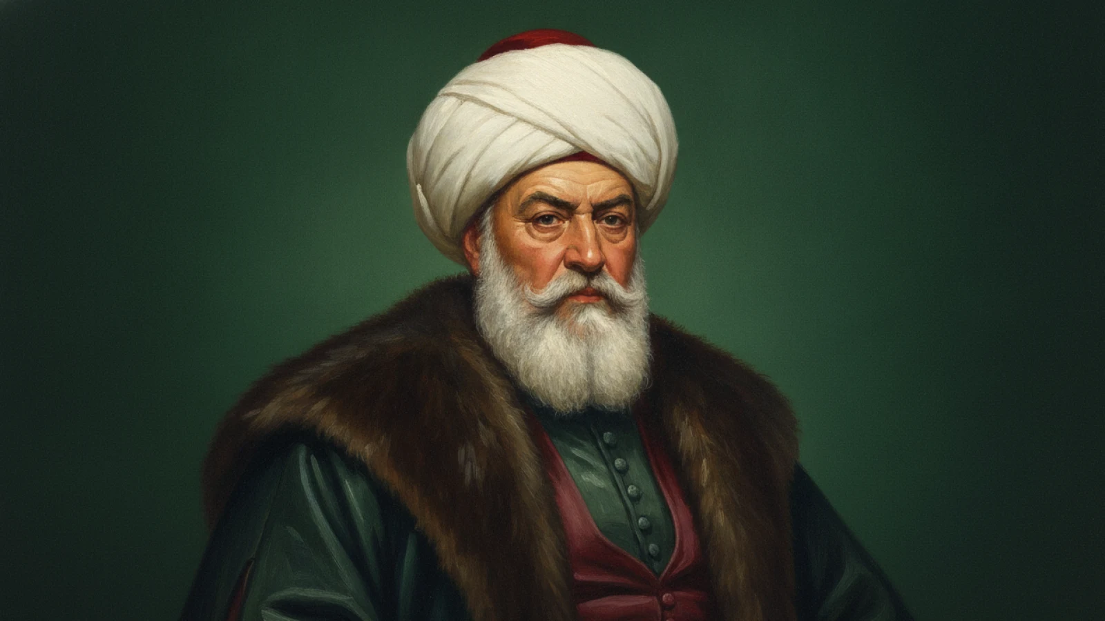 Koyu yeşil zemin önünde, büyük beyaz kallavi sarık ve kürk yakalı koyu yeşil kaftanla, uzun beyaz sakallı yaşlı bir Osmanlı sadrazamını canlandıran temsilî portre.