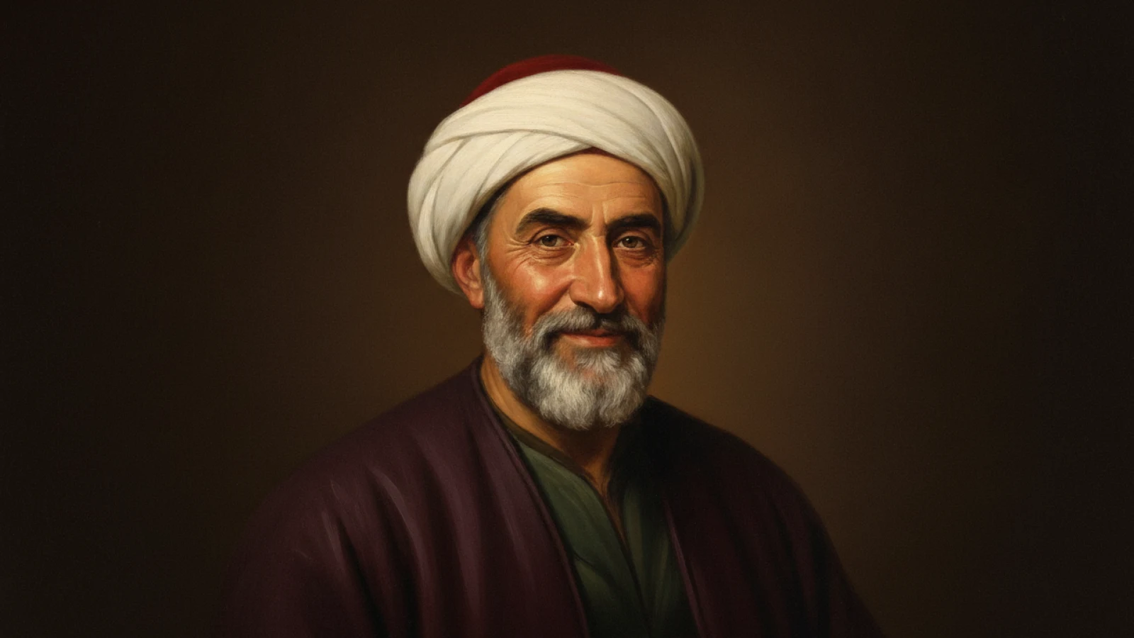 Koyu kahve zemin önünde, sade beyaz sarık ve koyu erguvani kaftanla, kısa kır sakallı bir 16. yüzyıl Osmanlı nakkaş-denizcisini canlandıran temsilî portre.