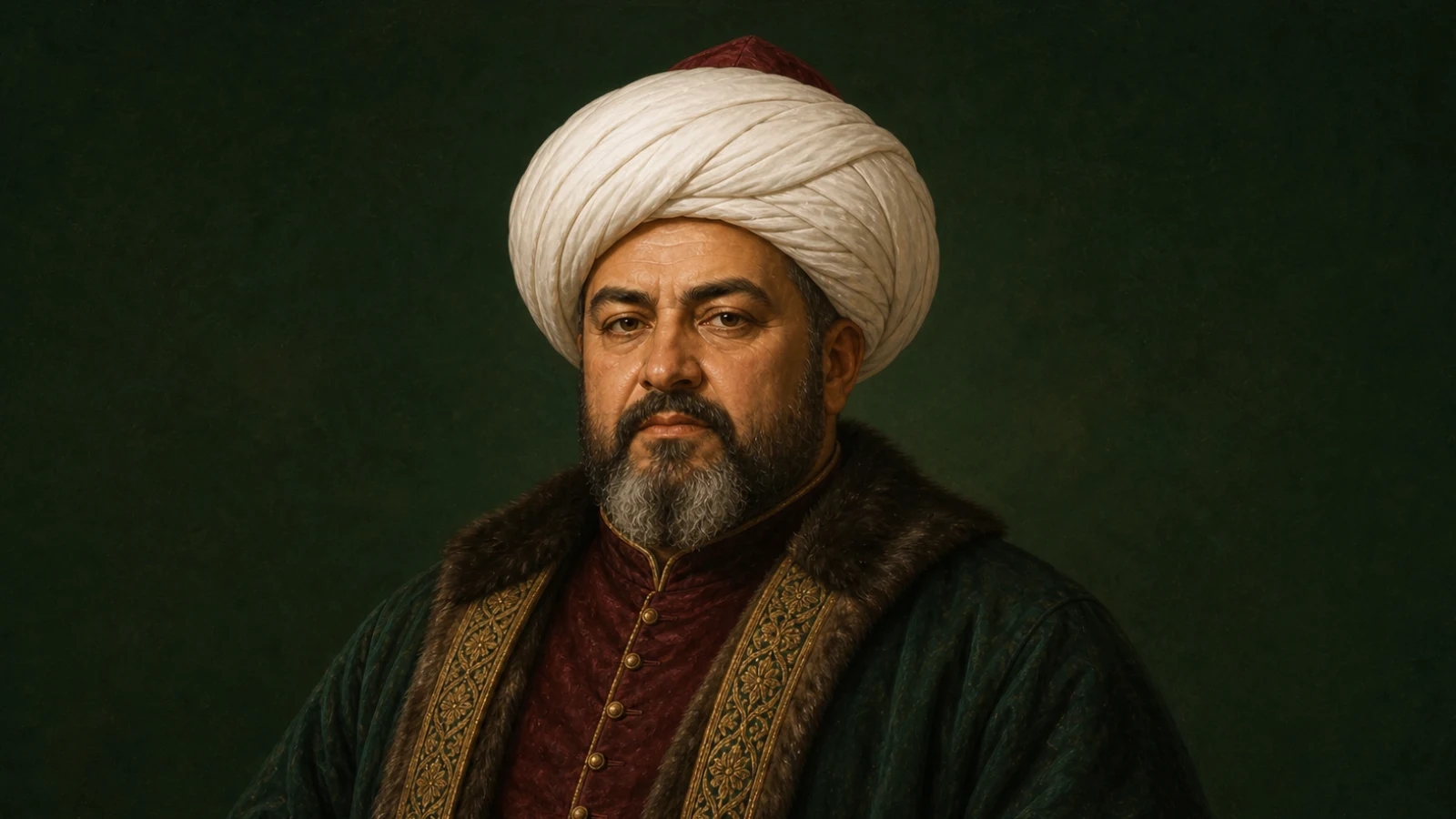 Koyu yeşil zemin önünde beyaz sarık ve vezir kaftanıyla Öküz Mehmed Paşa’yı canlandıran temsilî tek figür portre.