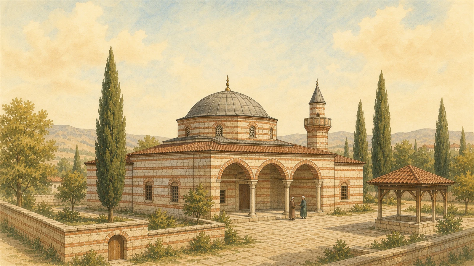 Aydınlık tarih kitabı çizimi üslubunda, almaşık taş-tuğla örgülü tek kubbeli erken Osmanlı camisi, revağı ve kısa minaresiyle Orhan Gazi Külliyesi için temsilî mimari canlandırma