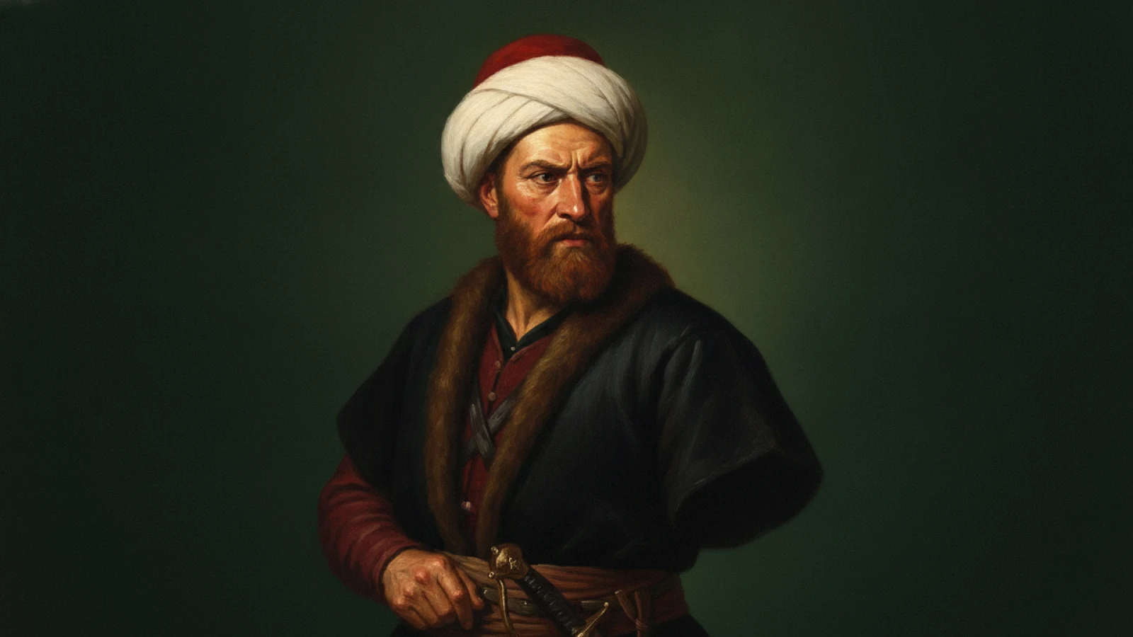 Koyu yeşil zemin önünde, kırmızı kavuk üzerine beyaz sarık ve kürk yakalı koyu kaftanla, kızıl sakallı, orta yaşlı bir 16. yüzyıl Türk denizci reisini canlandıran temsilî portre.