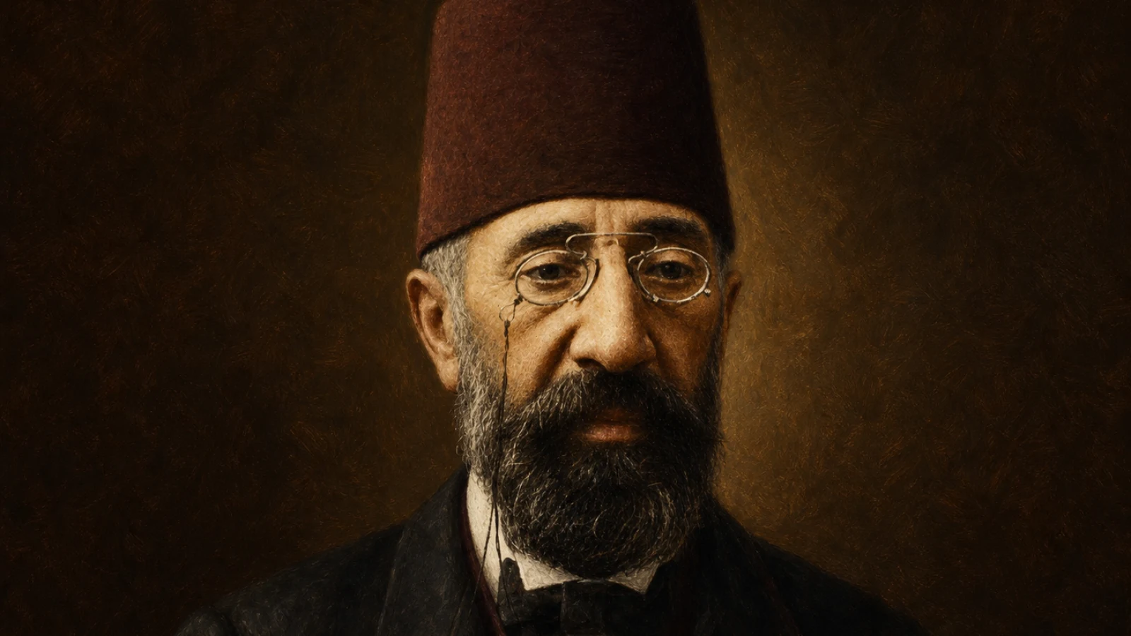 Koyu kahverengi zemin önünde fes, pince-nez gözlük ve sakalıyla Osman Hamdi Bey'i gösteren, tarihî fotoğraf referanslı temsilî portre.