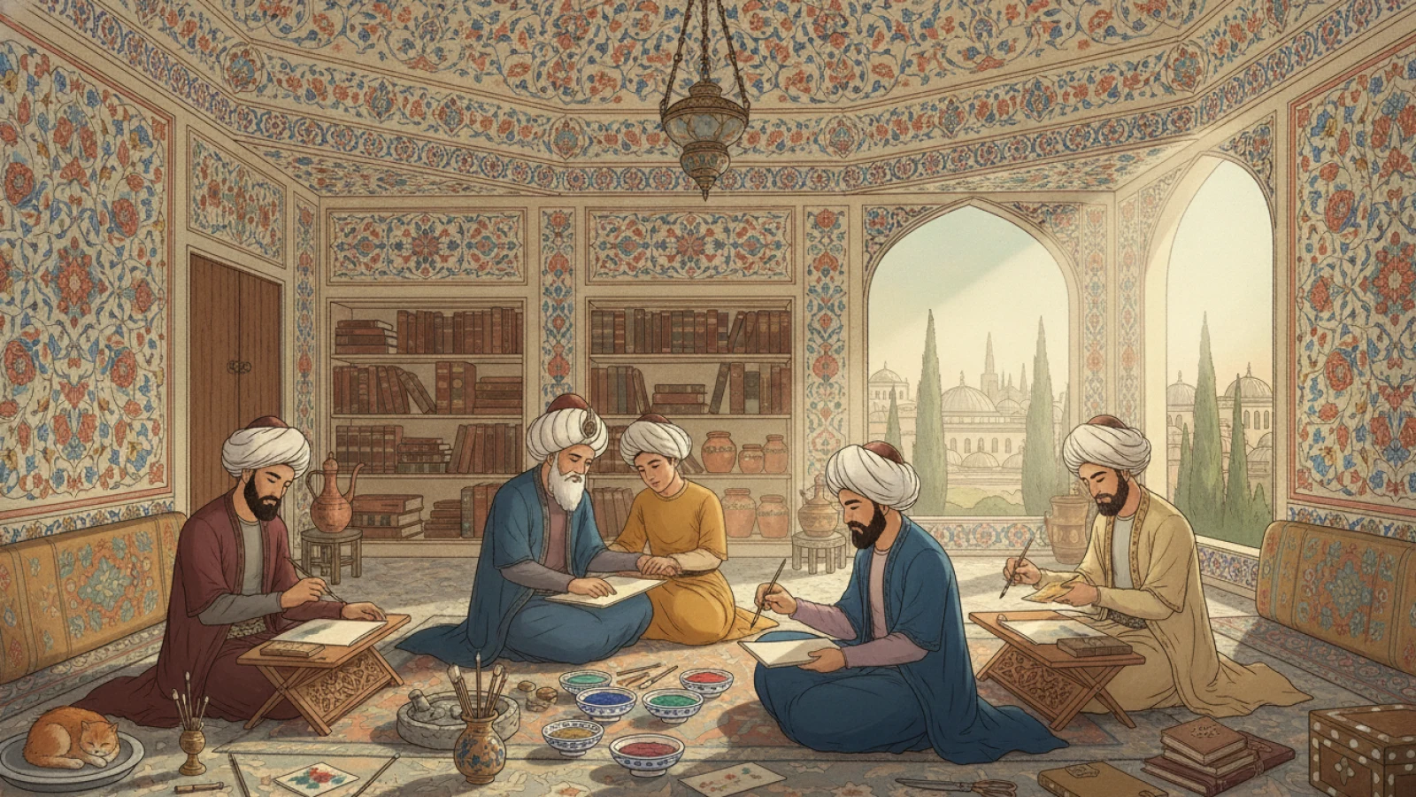 Saray nakkaşhanesinin iç mekânında rahleler önünde çalışan nakkaşları, renk kâselerini ve altın varağı gösteren temsilî tarih çizimi