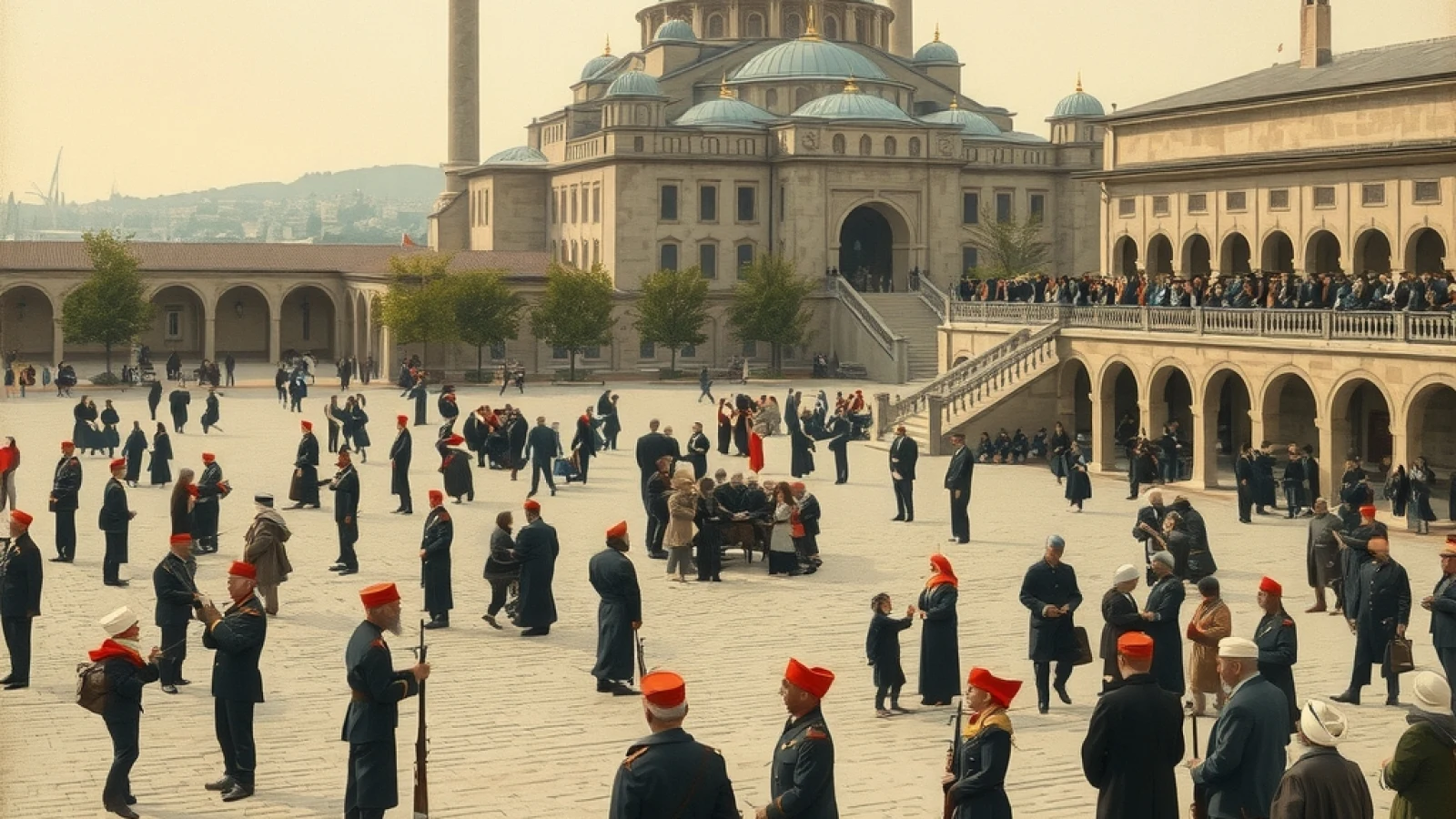Ayasofya Meydanı’nda fesli askerler, sarıklı medrese talebeleri ve sivillerin gruplar hâlinde beklediği bir ilkbahar sabahını canlandıran temsilî tarih kitabı çizimi.