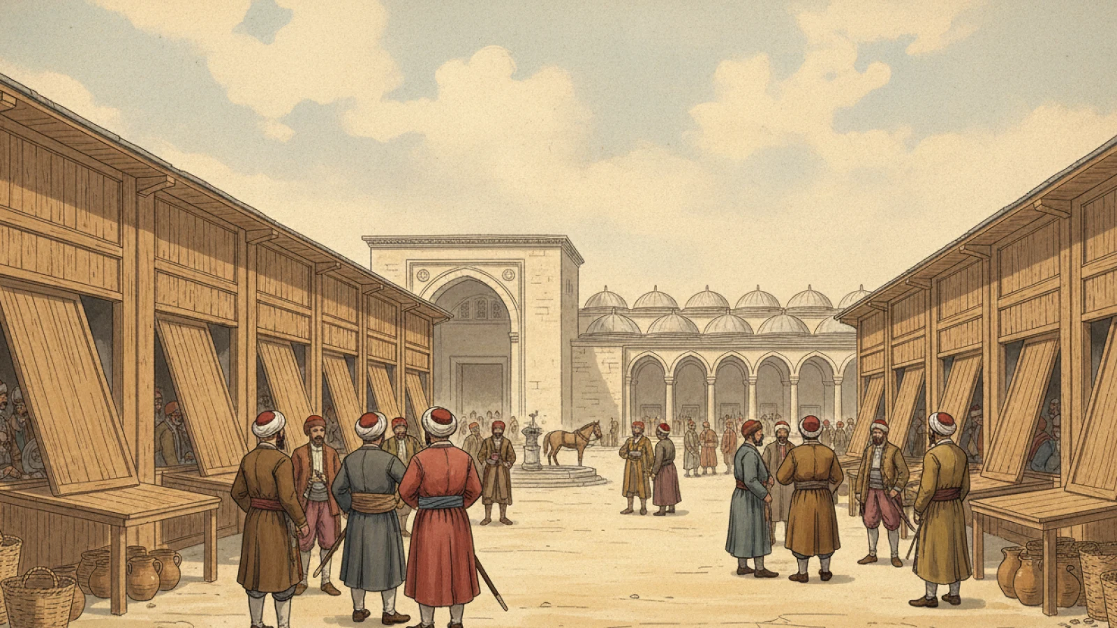 Kepenkleri indirilmiş çarşı dükkânları ve meydanda dağınık duran on sekizinci yüzyıl İstanbul esnafını gösteren temsilî tarih kitabı çizimi.
