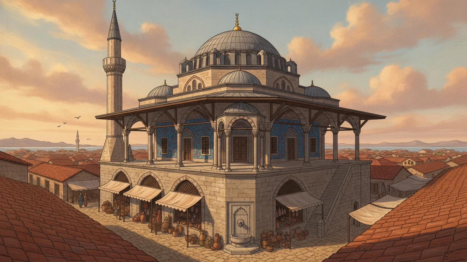 Tarih kitabı çizimi üslubunda, çarşı kotundaki tonozlu dükkânların üstüne yükseltilmiş, tek minareli ve çini kaplı küçük Osmanlı camisi için temsilî mimari canlandırma