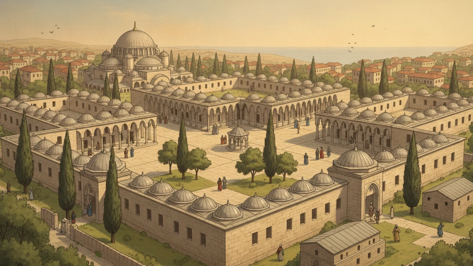 Bir külliyenin iki yanında dörder dörder sıralanmış, tek katlı ve küçük kubbeli sekiz medrese bloğunu gösteren, tarih kitabı çizimi üslubunda temsilî canlandırma
