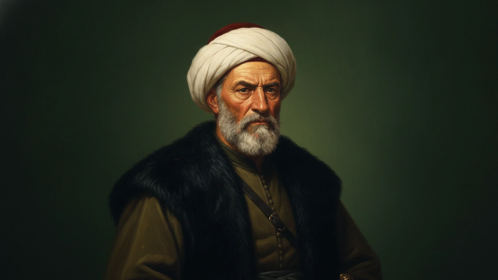 Koyu yeşil zemin önünde, beyaz sarık ve kürk yakalı koyu kaftanla, kır sakallı yaşlı bir Osmanlı denizci beylerbeyini canlandıran temsilî portre.
