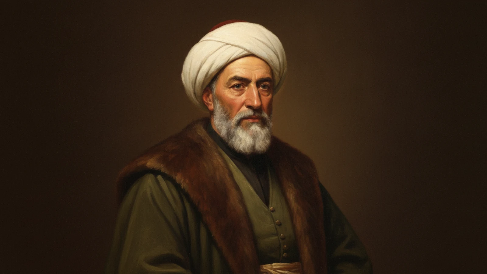 Koyu kahve zemin önünde, beyaz sarık ve kürk yakalı koyu kaftanla, kır sakallı bir Osmanlı mimar-sanatkârını canlandıran temsilî tek figürlü portre.
