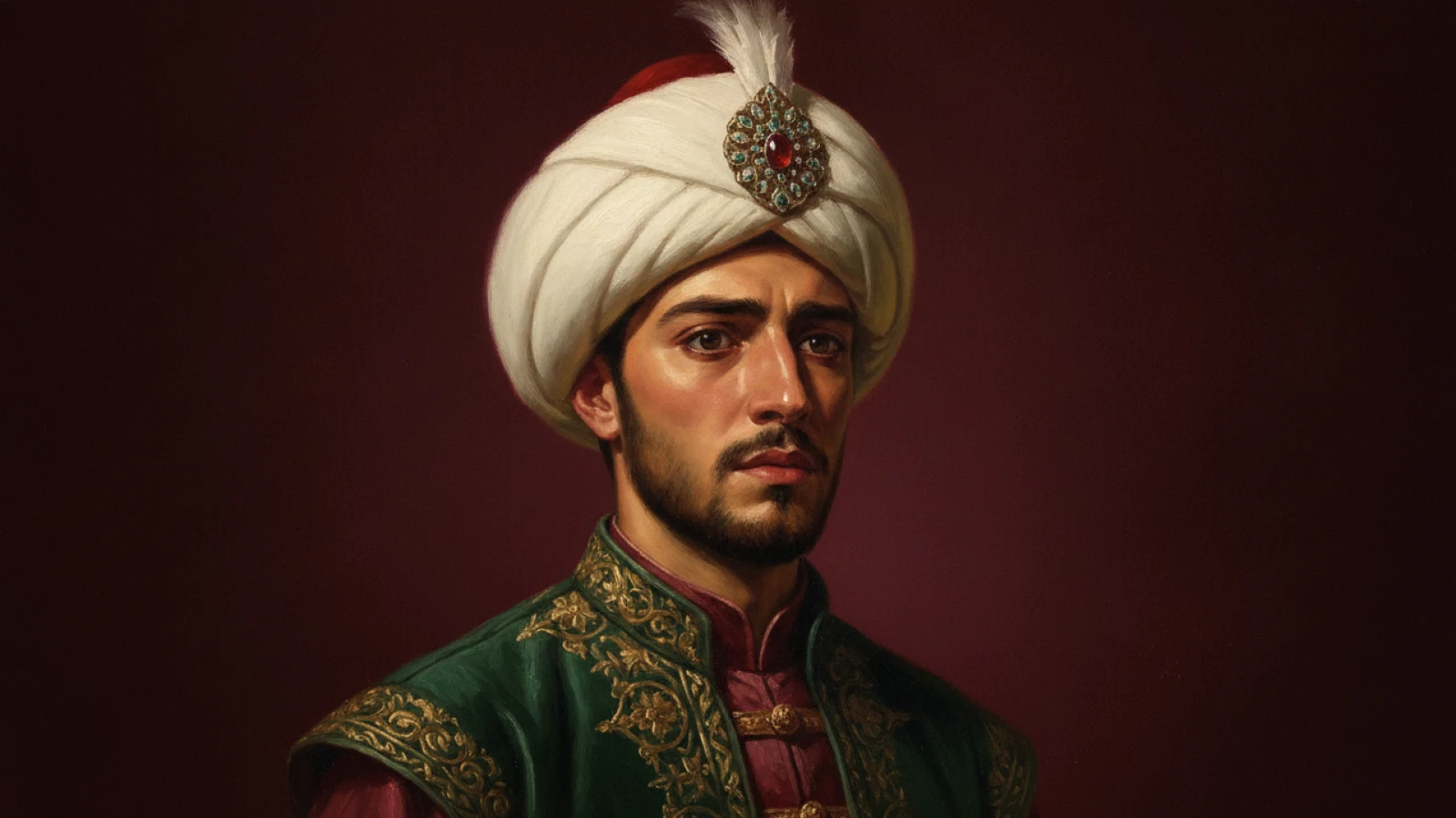 Koyu bordo zemin önünde sorguçlu sarık ve kaftanla genç, tedirgin bir şehzadeyi canlandıran temsilî portre