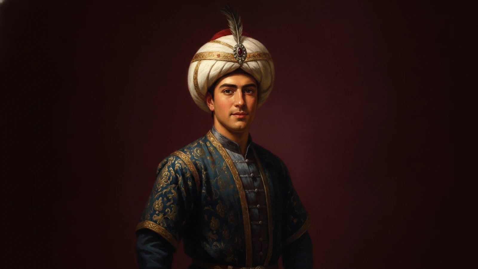Koyu nötr zemin önünde, sarılı ince sarık ve sade turkuaz kaftanla gencecik, silahsız bir Osmanlı şehzadesini canlandıran temsilî tek figür portre.
